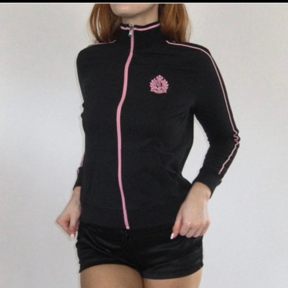 Ralph Lauren Black Zip Up Jacket Pink Piping Crest Logo Pocket Sporty Preppy
